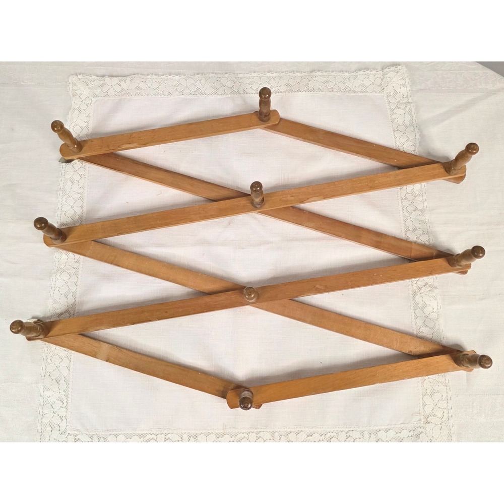 Vintage Wood Accordion Wall Rack Expandable 10 Peg Hat Coat Mug Hanger Brown